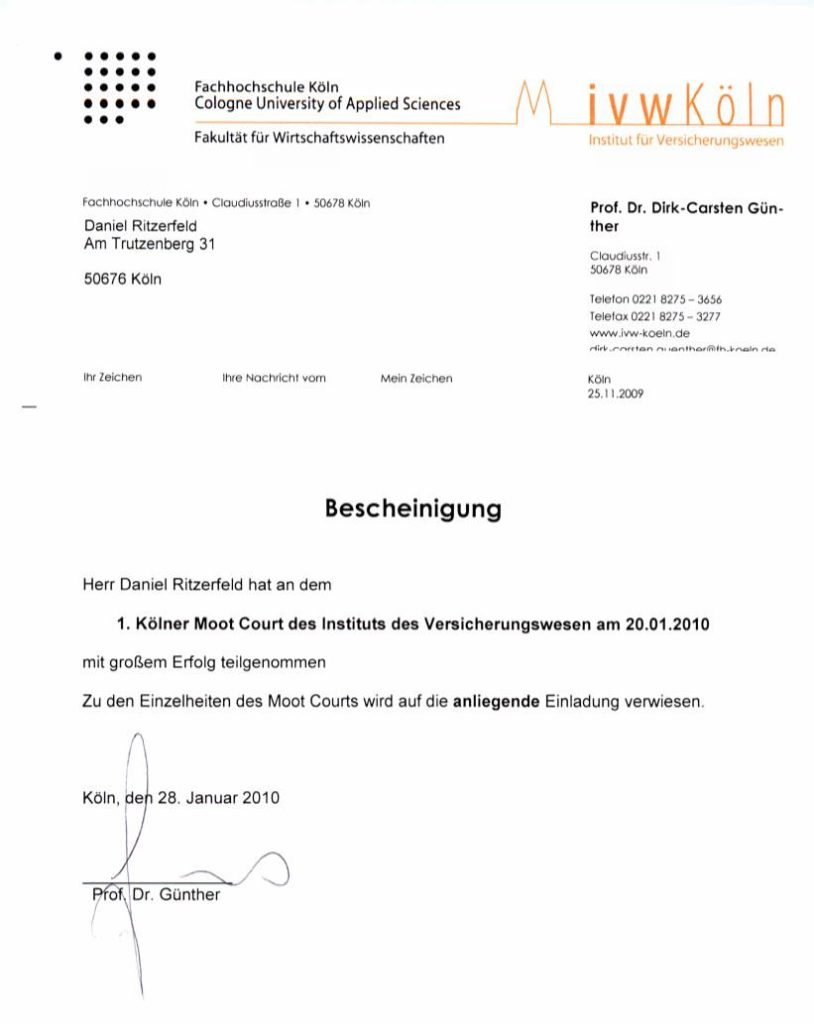 Bescheinigung Mood Court Köln