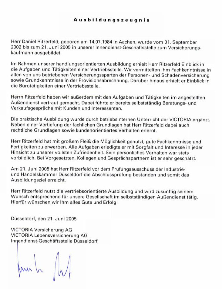 Ausbildungszeugnis VICTORIA Versicherung