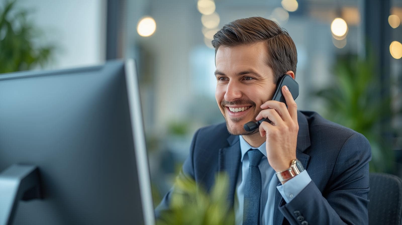 Beratungsszene: freundlicher Berater im hellen Büro telefoniert