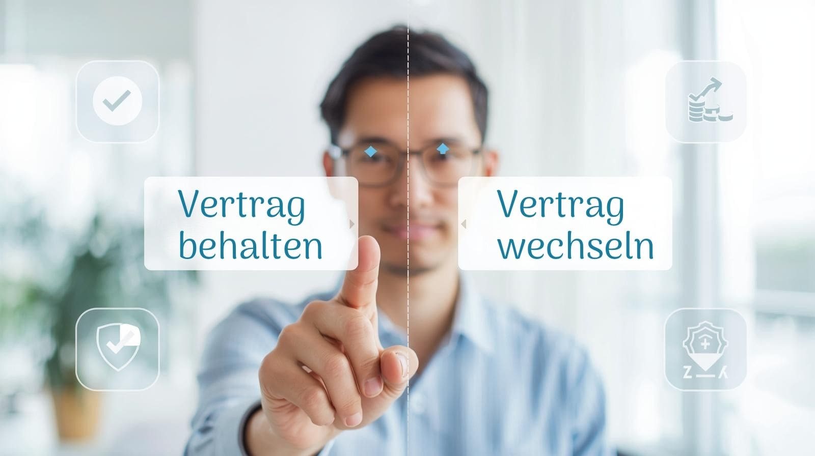Fotorealistisches Motiv mit geteiltem Board: links „Vertrag behalten“, rechts „Vertrag wechseln"