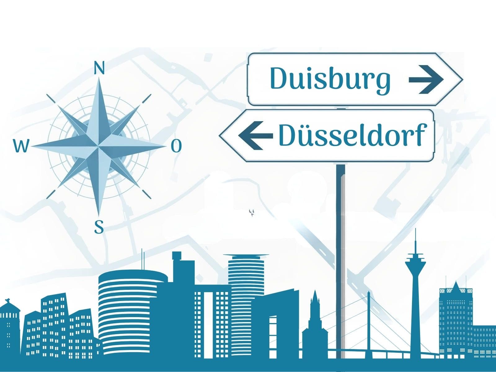 Eine klare Kartenillustration mit Kompass „N“, einem Autobahn-Hinweisschild „Duisburg → Düsseldorf“