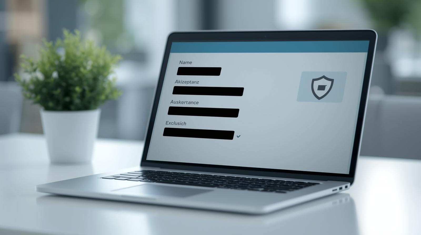 Schreibtisch mit Laptop, darauf ein generisches Formular mit geschwärzten Personenfeldern