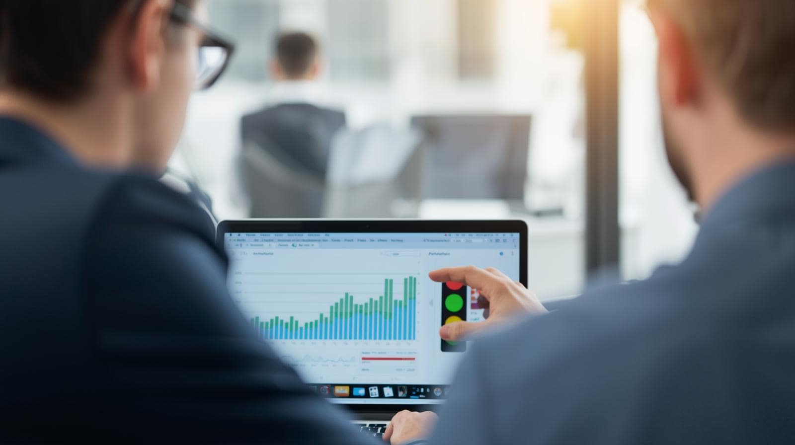 Berater zeigt einer Kundin am Laptop eine klare BU-Auswertung mit grünen/gelben Ampel-Indikatoren