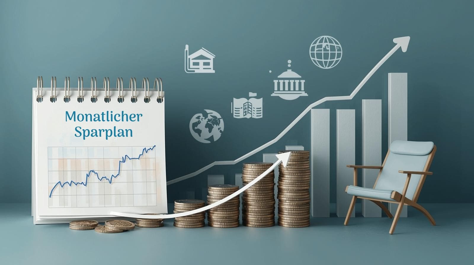 ein Kalender mit „Monatlicher Sparplan“, daneben wandern Münzen regelmäßig in ein ETF-Portfolio