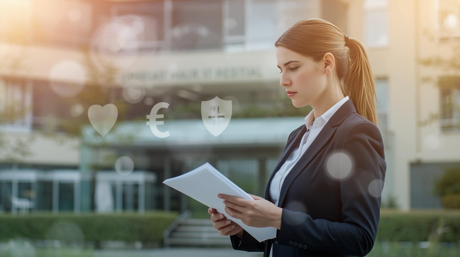 Eine junge Beamtin vor einem Verwaltungsgebäude blättert entspannt durch geordnete Unterlagen
