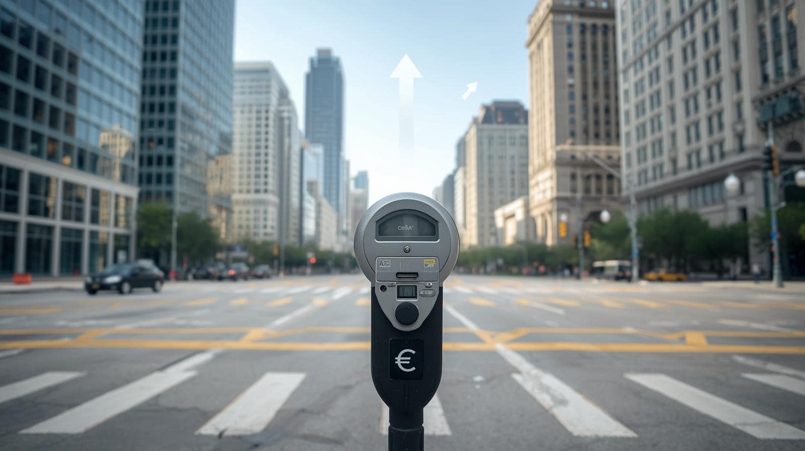 Breite Straße mit Blick auf Chicagos Skyline, im Vordergrund eine moderne Parkuhr