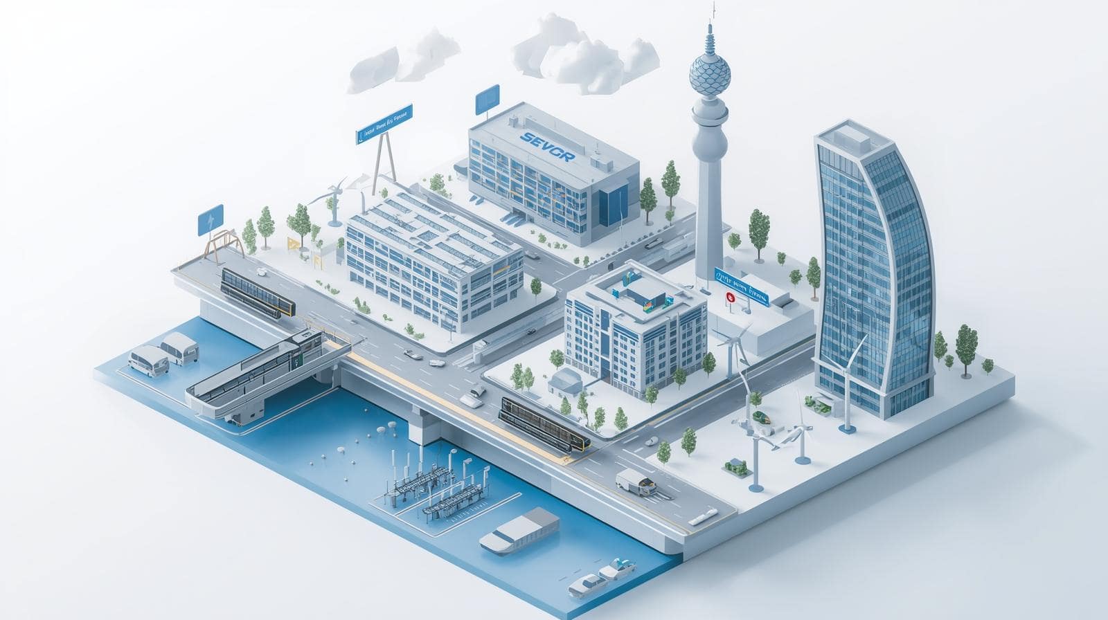 Isometrische Mini-Stadtlandschaft als Portfolio-„Diorama“: U-Bahn-Eingang, Autobahnviadukt, Studentenwohnheim, Kanalbau-Schild, Solarfeld, Offshore-Turbinen, Glasfaser-Kabeltrasse, Smart-Tower, geschwungener Bürokomplex