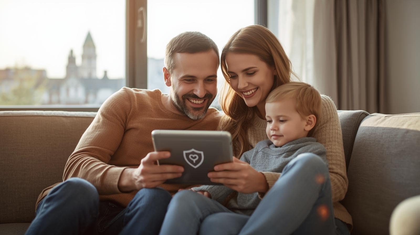 Ein freundliches Paar mit Kind sitzt auf dem Sofa und schaut gemeinsam auf ein Tablet, auf dem eine einfache Grafik zur Absicherung zu sehen ist.