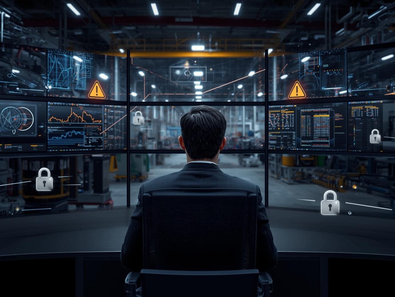 Ein dunkler, moderner Kontrollraum mit mehreren Monitoren, auf denen Netzwerkdiagramme, Datenströme und Warnsymbole zu sehen sind. Im Vordergrund sitzt eine Person in Businesskleidung, die konzentriert auf die Bildschirme blickt. Im Hintergrund schemenhaft eine Produktionshalle mit Maschinen/Industrieanlagen.