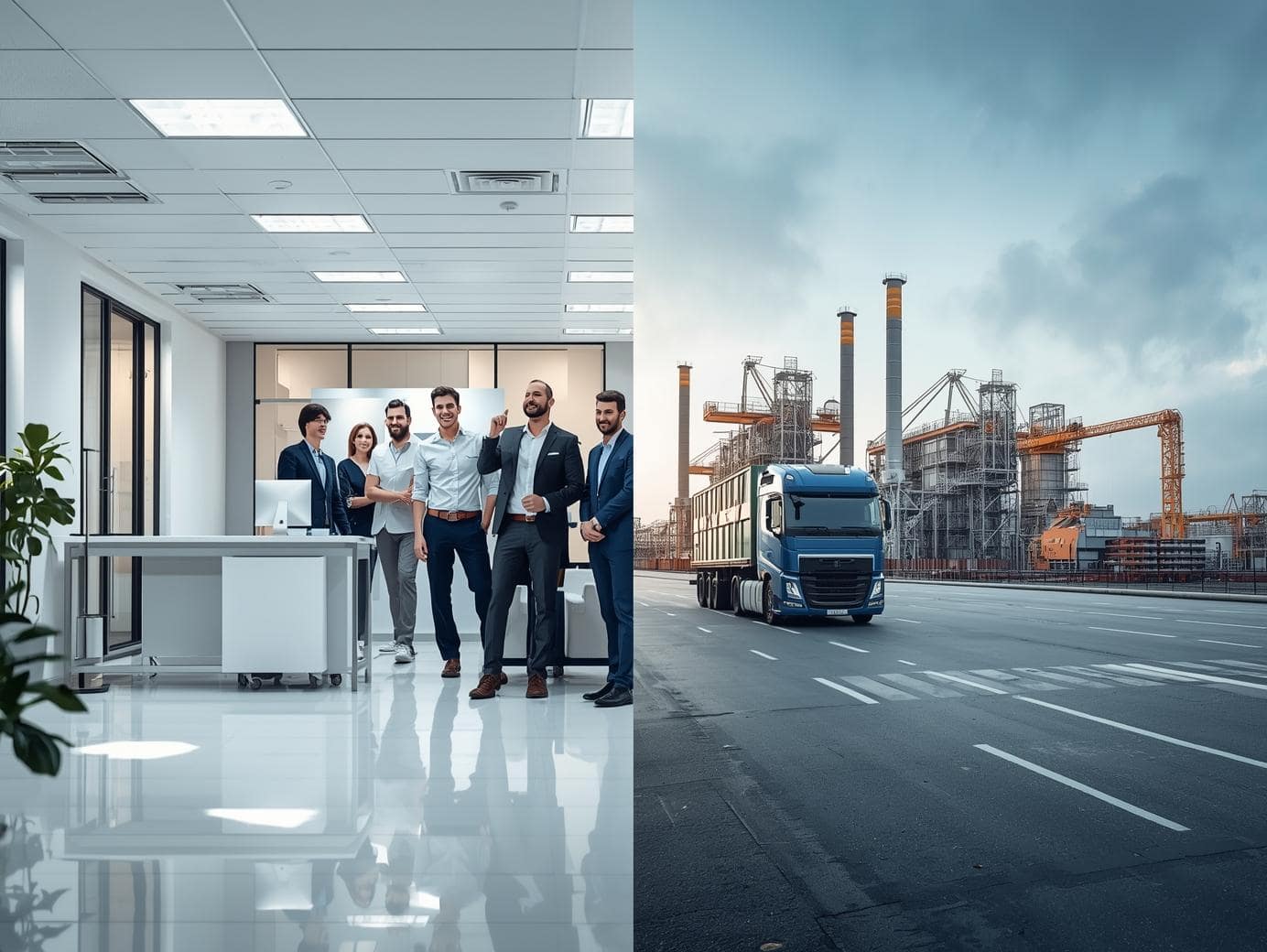 Geteiltes Bild. Links ein modernes, kleines Büro mit 6 Mitarbeitenden in heller, freundlicher Atmosphäre, rechts im Kontrast ein großes Industrieareal mit Werkshallen, Kränen und LKWs. Klare visuelle Trennlinie in der Mitte.