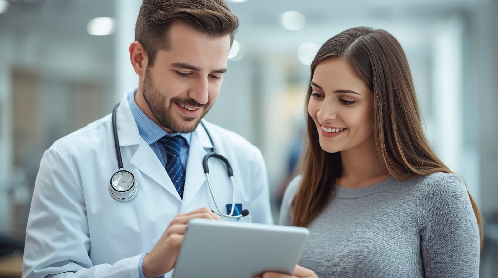 Arztgespräch mit Premium-Touch: Arzt im weißen Kittel erläutert in einer hellen Praxis einer jungen Frau einen Befund am Tablet