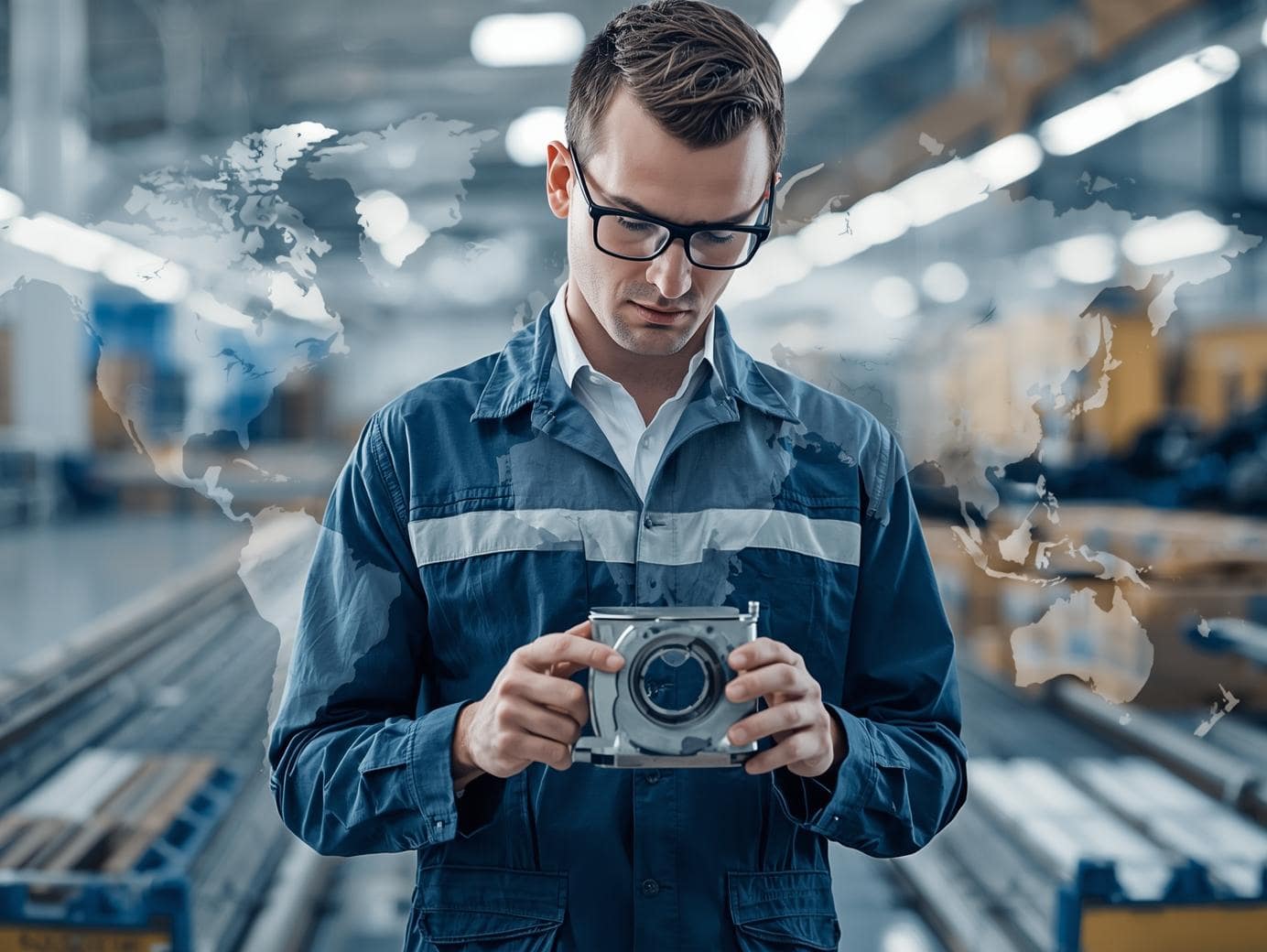 Im Vordergrund hält ein Ingenieur in Arbeitskleidung und Schutzbrille ein metallisches Bauteil prüfend in den Händen. Im Hintergrund eine moderne Produktionshalle mit Förderbändern und verpackten Produkten, außerdem angedeutete Weltkarte