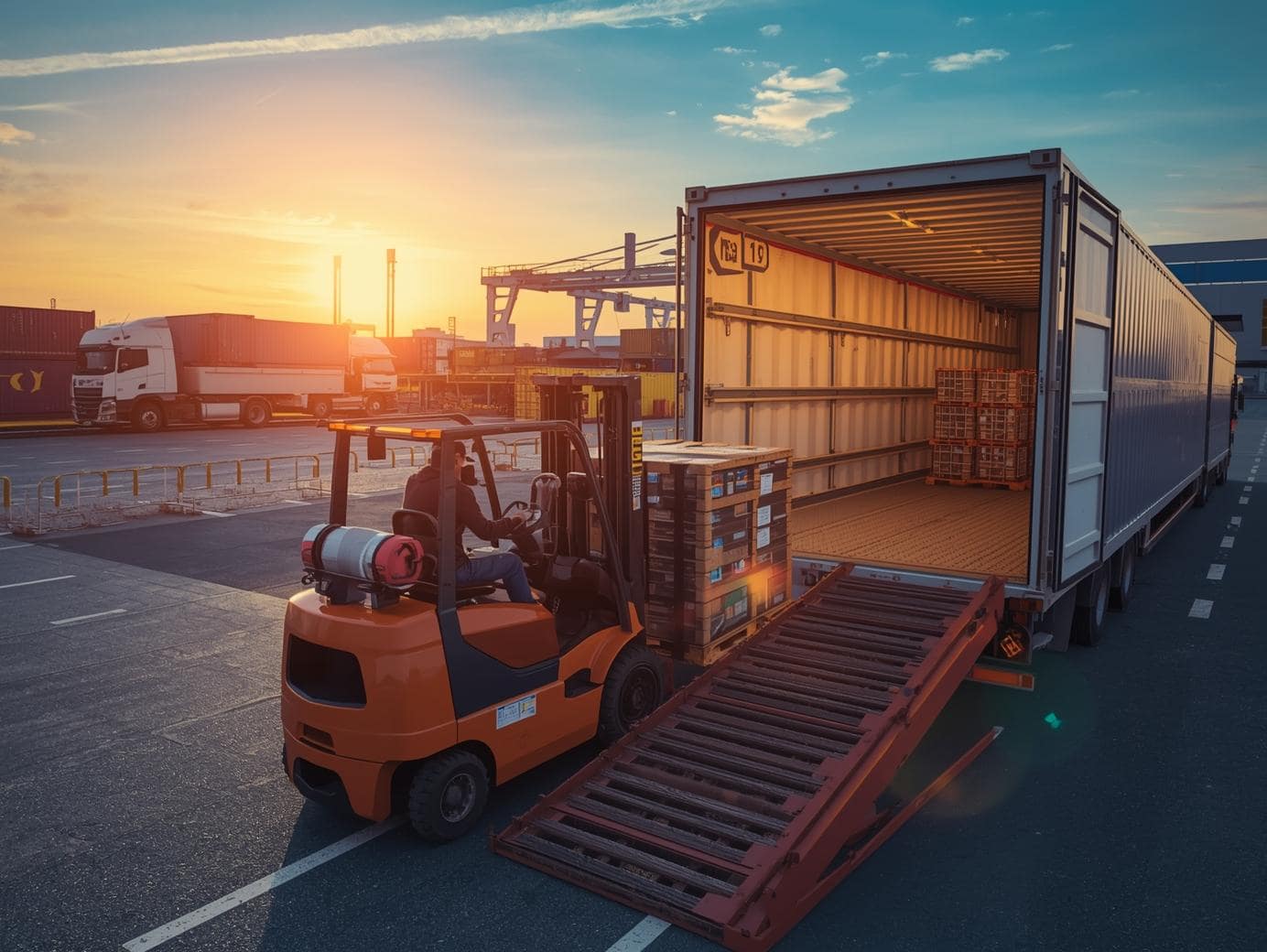 Eine moderne Laderampe bei Abendlicht, vorne ein Gabelstapler, der eine Palette mit gut verpackter Ware in einen geöffneten LKW lädt. Im Hintergrund sind weitere LKWs, Container und ein Lagergebäude zu sehen, angedeutete Transportwege, die zeigen: Rohstoffe, Halb- und Fertigprodukte sind ständig unterwegs.