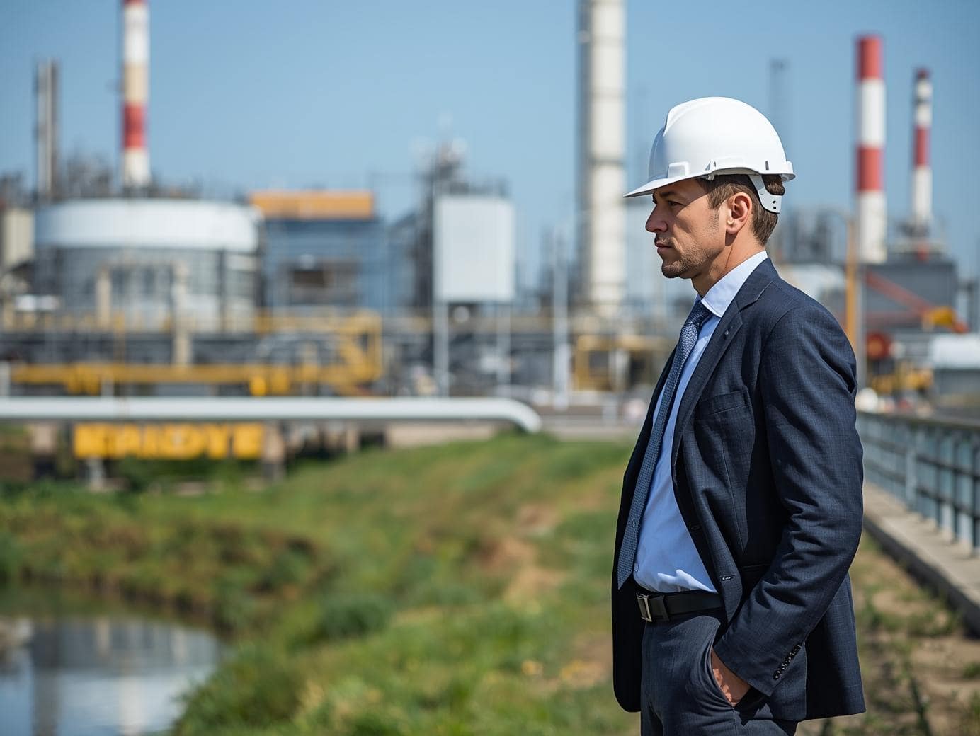 Im Vordergrund steht ein Geschäftsführer mit Schutzhelm und Businesskleidung am Rand eines Industriegeländes. Die Person blickt ernst und aufmerksam auf ein nahegelegenes Gewässer, im Hintergrund sind Rohrleitungen, Tanks und Schornsteine zu sehen