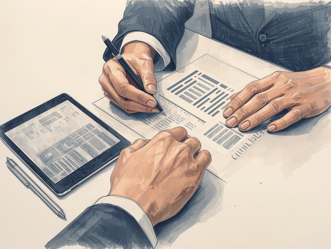 Hände eines Arbeitgebers und Beraters über strukturierten Unterlagen bei einer individuellen Beratung zur betrieblichen Altersvorsorge.