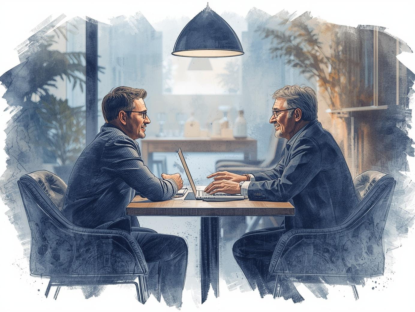 Beratungsgespräch zur betrieblichen Altersvorsorge zwischen Arbeitnehmer und Versicherungsmakler in ruhiger Büroumgebung