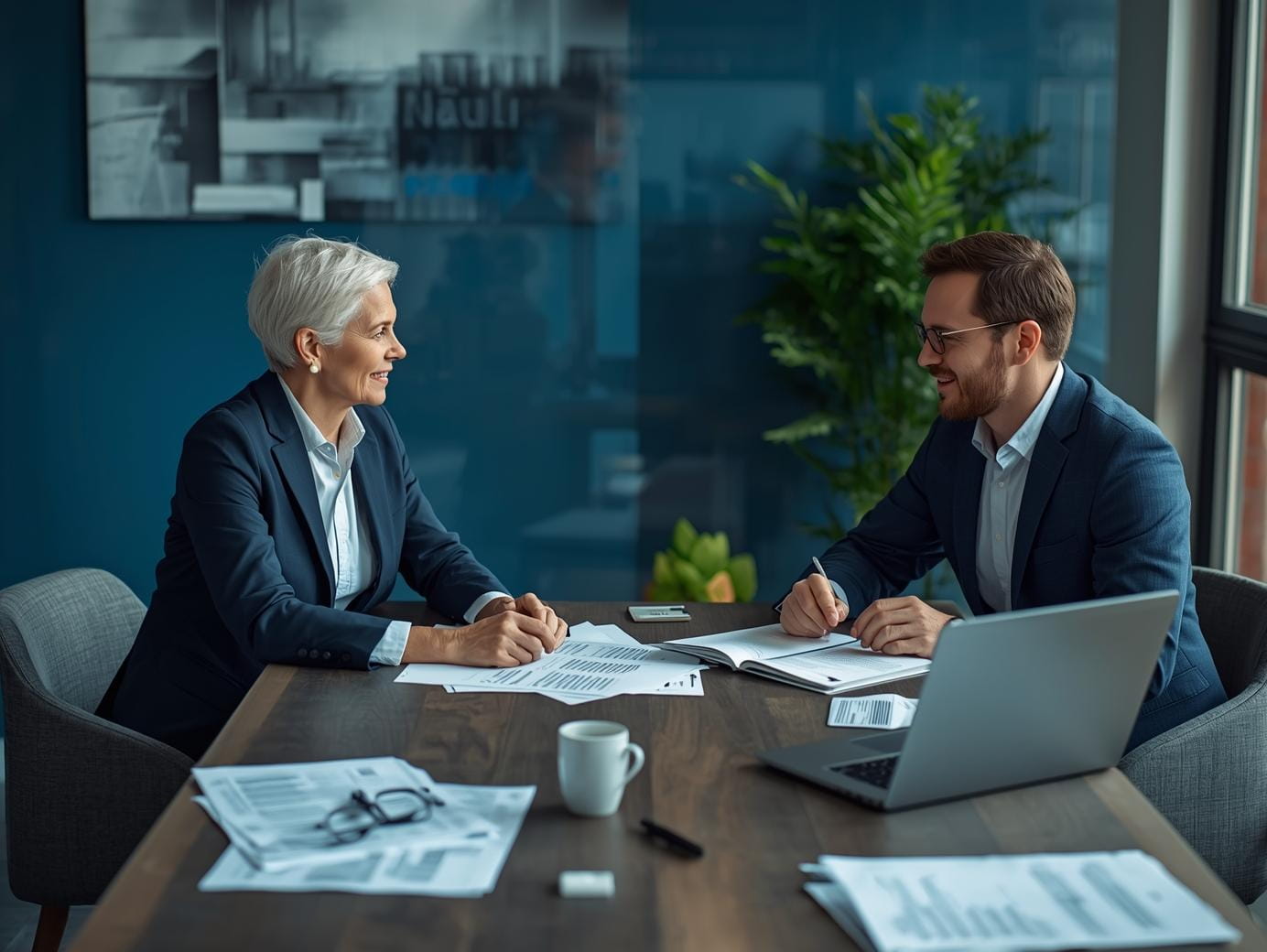 Versicherungsmakler prüft gemeinsam mit einem Kunden Versicherungsverträge in einem modernen Büro.