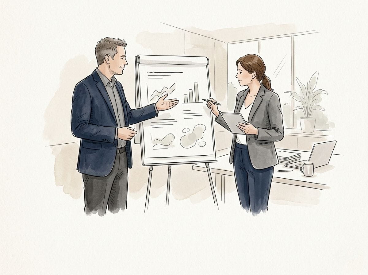 Berater erklärt einem Unternehmer die betriebliche Altersvorsorge für Arbeitgeber anhand eines Zeitplans und Wachstumsdiagramms
