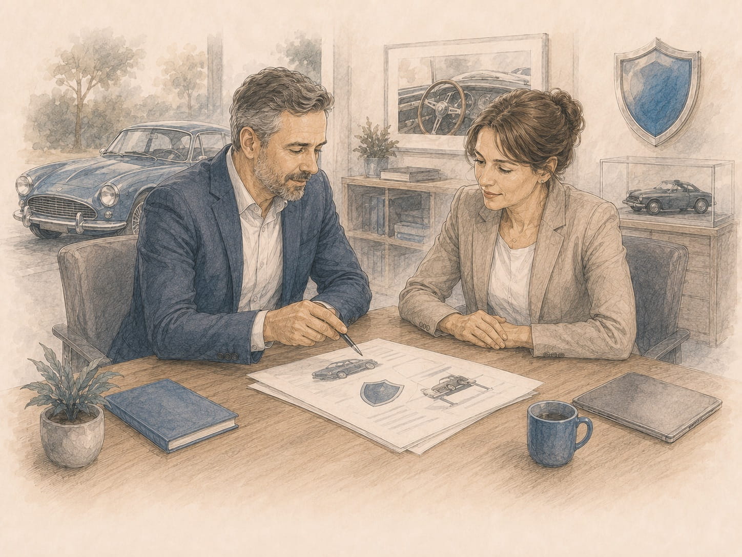 Detailaufnahme von Oldtimer-Unterlagen zur Versicherung eines klassischen Fahrzeugs